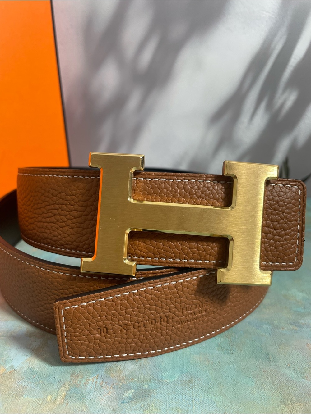 Good Hermes Brown Togo Leather Belt with Gold H Buckle